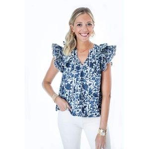 Floral Ruffle Sleeve Top - Blue